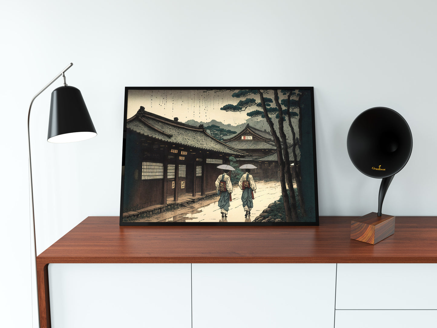 Japanese Village Wall Poster in the Rain – Japanese Art Style Illustration, Rainy Japan Poster for Framing, Home Decor
