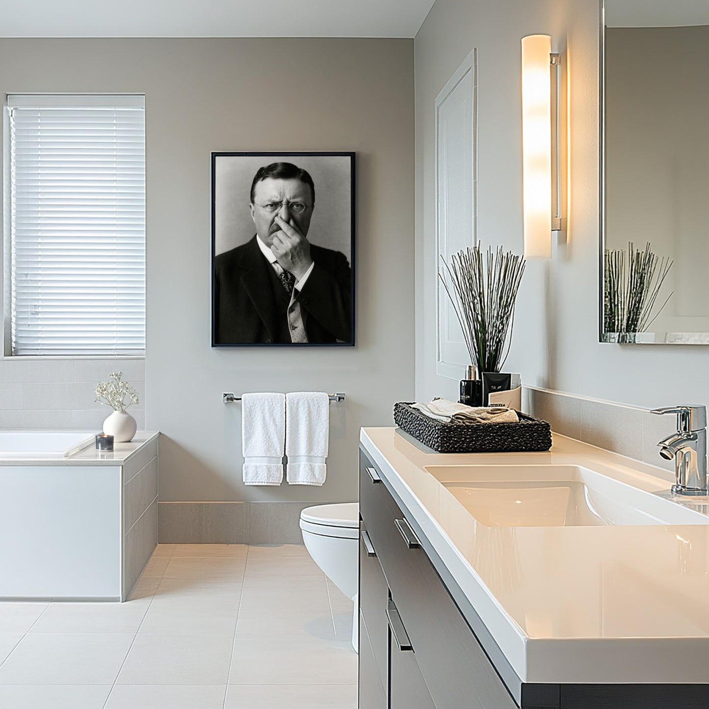 Funny Teddy Roosevelt Bathroom Poster – Humorous Toilet Wall Art, Quirky Parody Decor, Unique Framed Gift for Restroom or Home