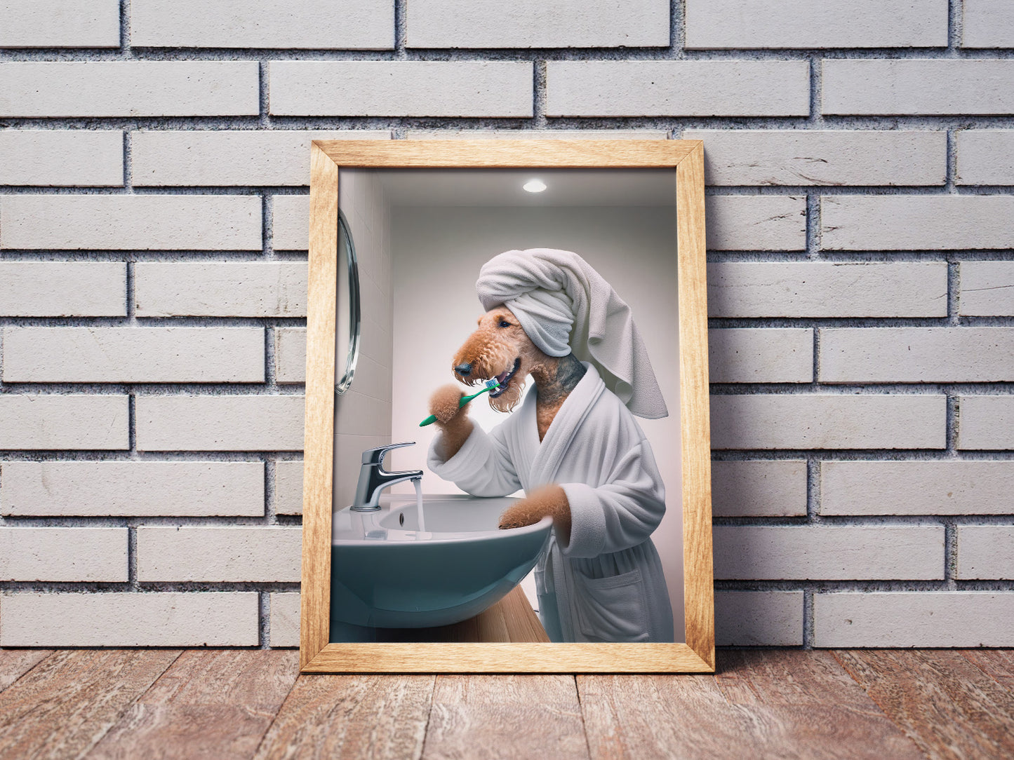 Portrait of a Airedale Terrier Brushing Teeth in Bathrobe – Funny Dog Bathroom Decor, Airedale Terrier Print, Airedale Gift, Framed poster