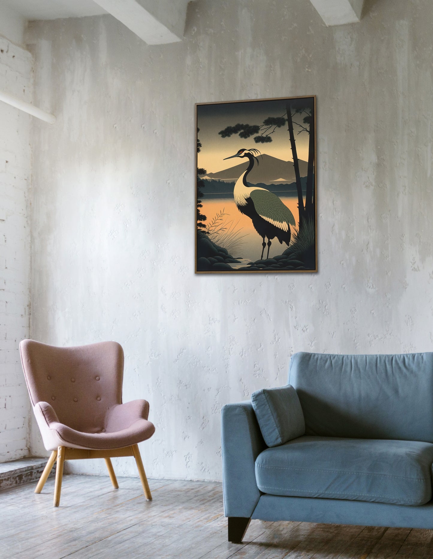 Japanese Crane at Sunrise Poster - Asian Art, Wall Decoration, Japanese Style Print, Elegant Home Decor