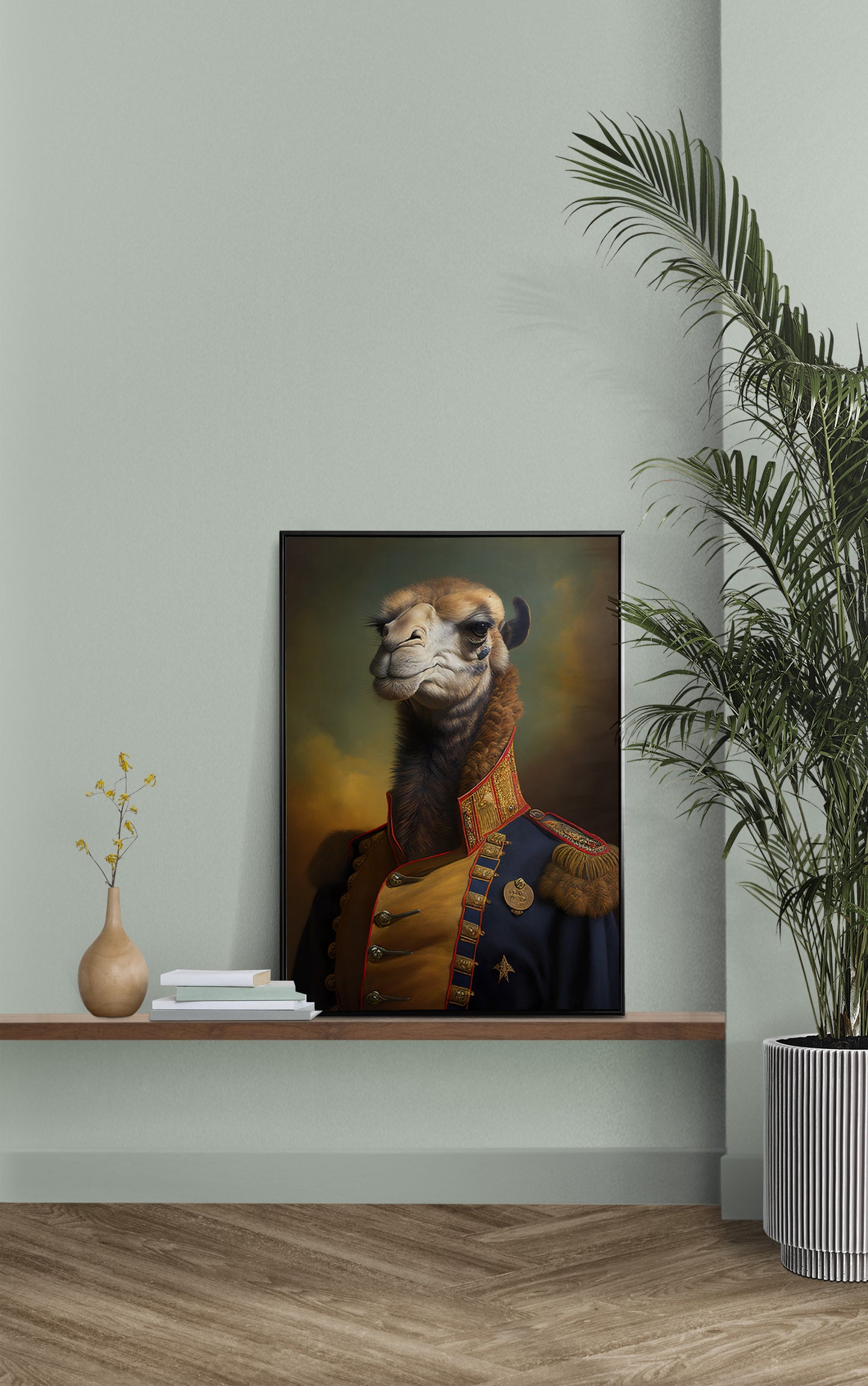 Poster Chameau en Uniforme Militaire – Décoration murale Animaux Héroïque, Affiche à Encadrer