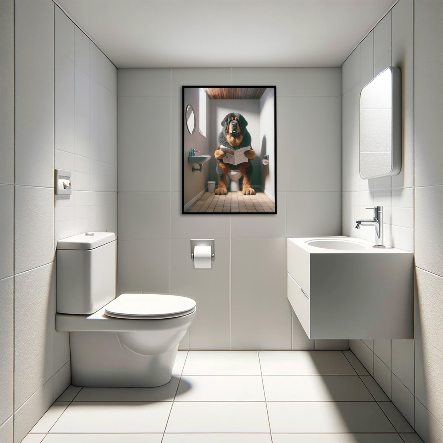 "Tibetan Mastiff Dog Reading Newspaper Poster - Funny Bathroom Wall Art, Toilet Decor, Gag Gift"