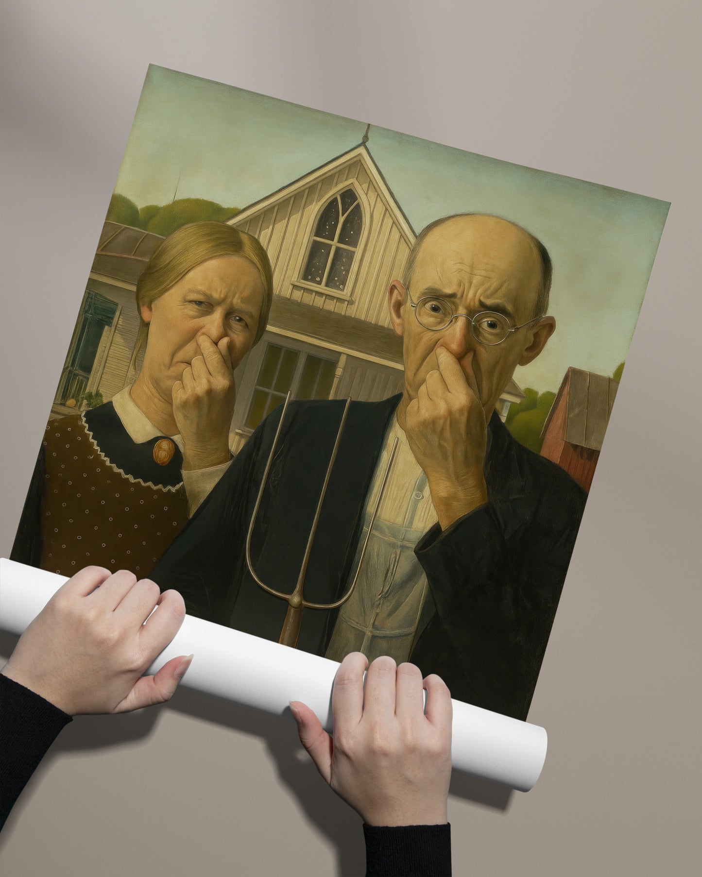 Funny Bathroom Poster – Quirky Restroom Wall Art, American Gothic Parody, Toilet Humor Decor, Unique Framed Gift for Home