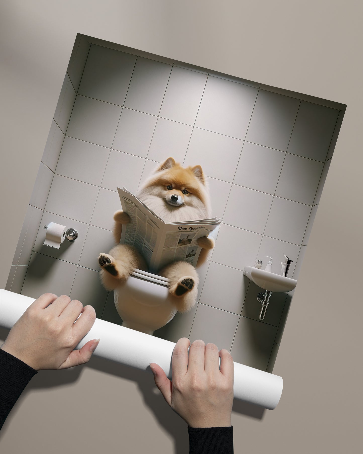 Poster Humoristique : Spitz Allemand Lisant sur les Toilettes | Décoration WC | Cadeau Original Salle de Bain