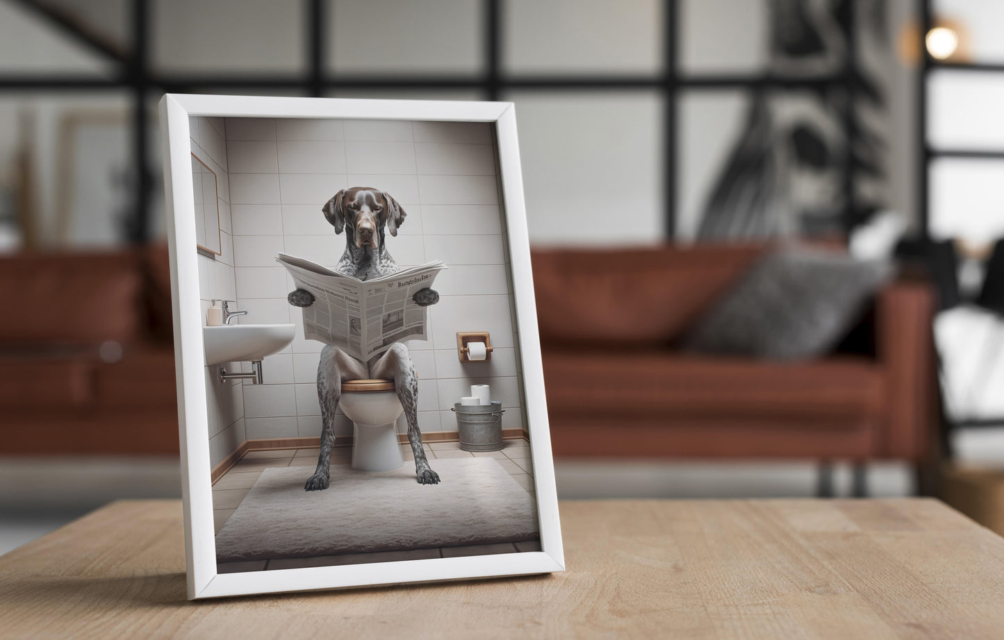 German Shorthaired Pointer Reading Newspaper Poster – Fun Bathroom Decor, WC Art, Gag Gift