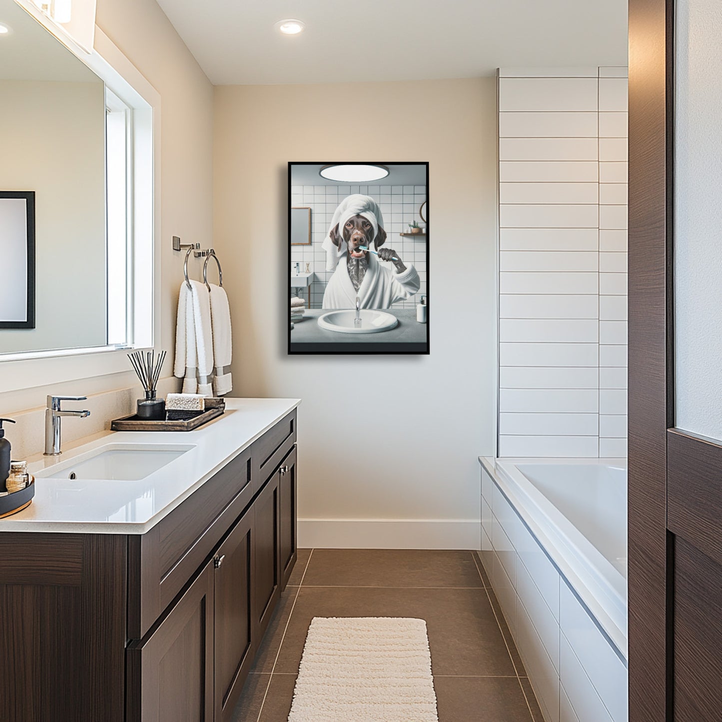Portrait of a GSP Brushing Teeth in Bathrobe – Funny Dog Bathroom Decor, Cute Poster, GSP Print, German Shorthaired Pointer Gift, Framed art