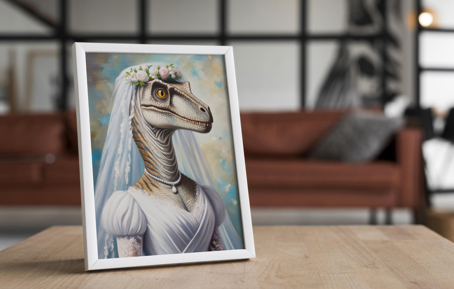 Unique Velociraptor Bride Poster - Dinosaur Wedding Dress Wall Art - Funny Animal Decor Gift