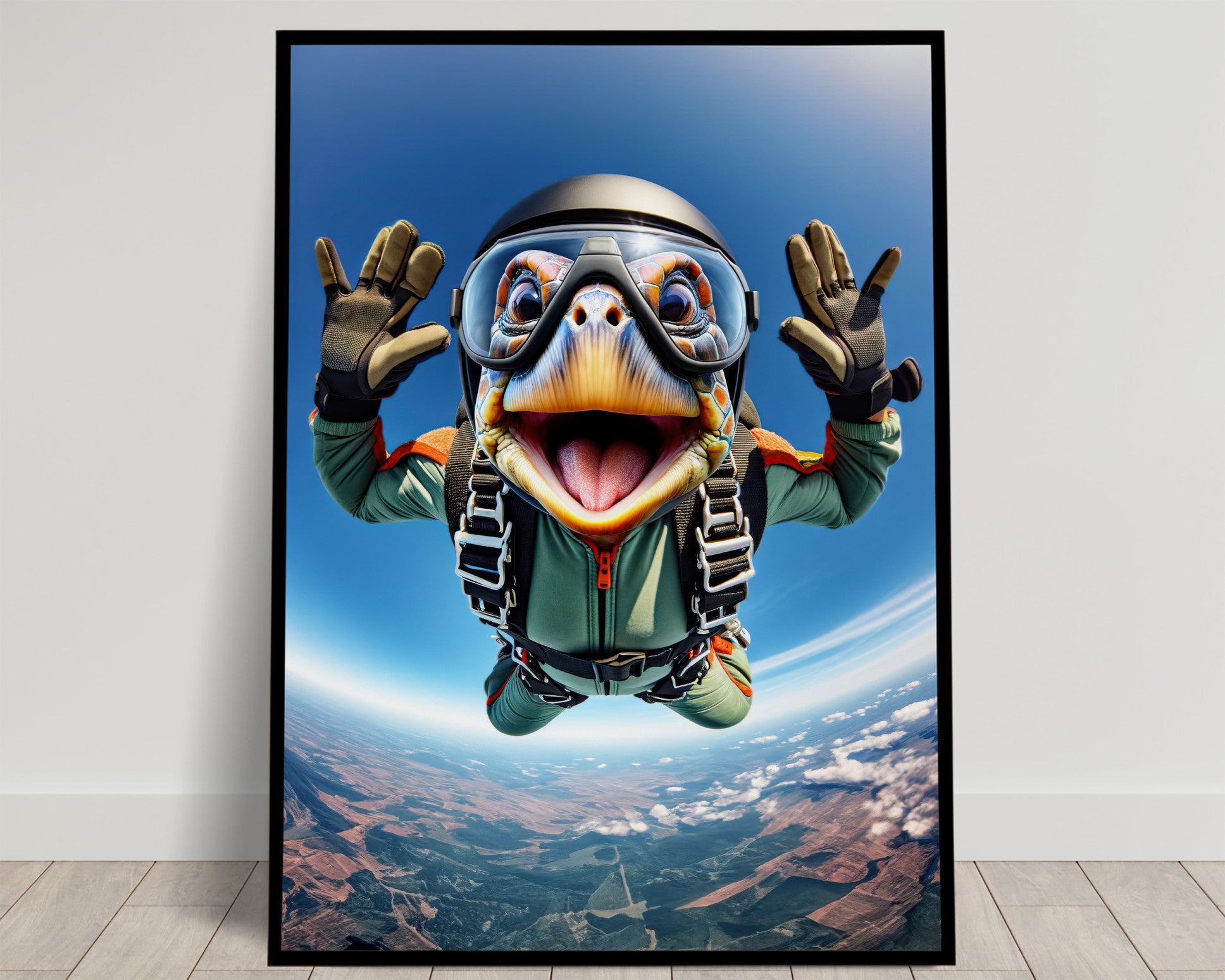Affiche Tortue Saut en Parachute - Poster Animal Skydiving - Décor Murale Sport Extrême - Idée Cadeau Originale