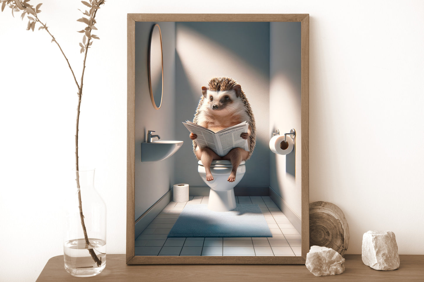 Hedgehog Reading Newspaper Toilet Poster - Funny Bathroom Decor, Unique Wall Art, WC Gag Gift 