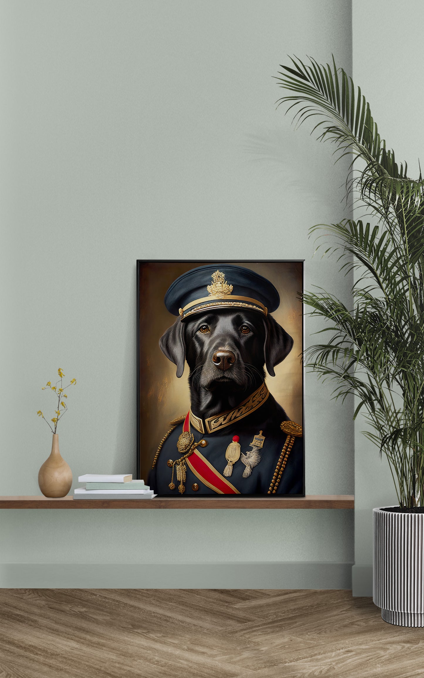 Poster Labrador Noir en Uniforme Militaire - Décoration Murale Animaux, Art pour Mur, Impression de Qualité