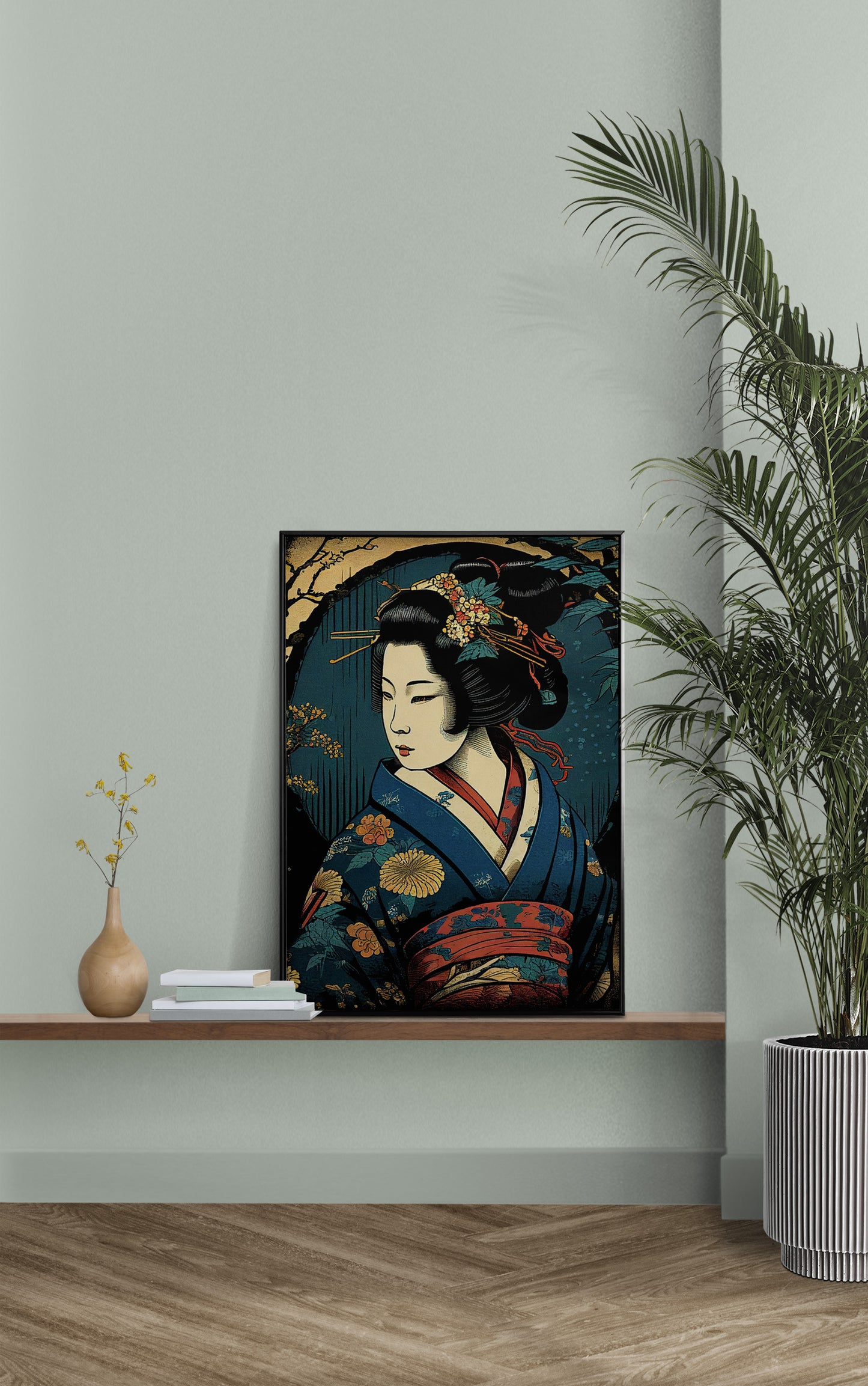 Elegant Japanese Geisha Poster in Blue Kimono - Traditional Art Style for Sophisticated Home Decor