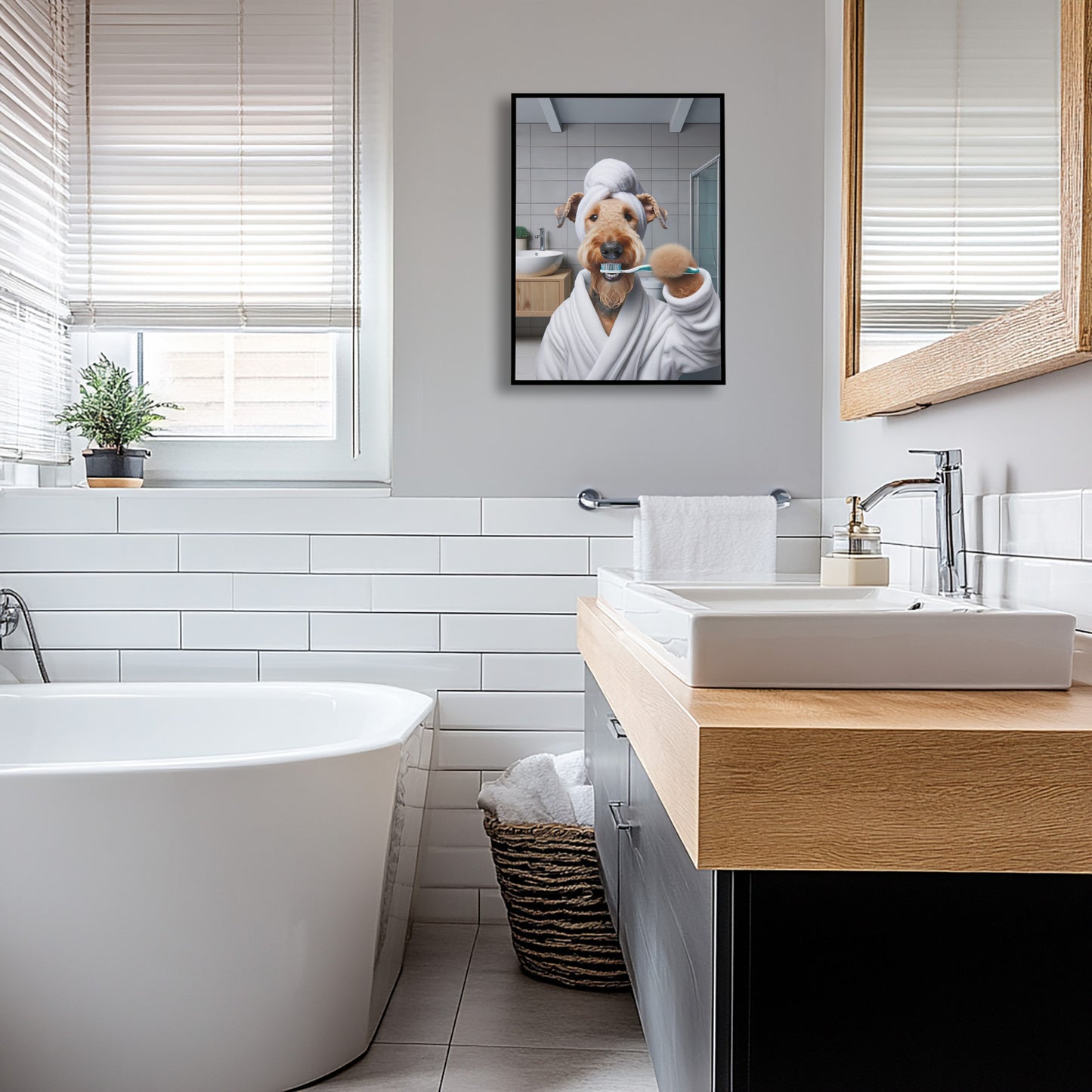 Portrait of a Airedale Brushing Teeth in Bathrobe – Funny Dog Bathroom Decor, Cute Poster, Airedale Print, Beagle Gift, Framed art