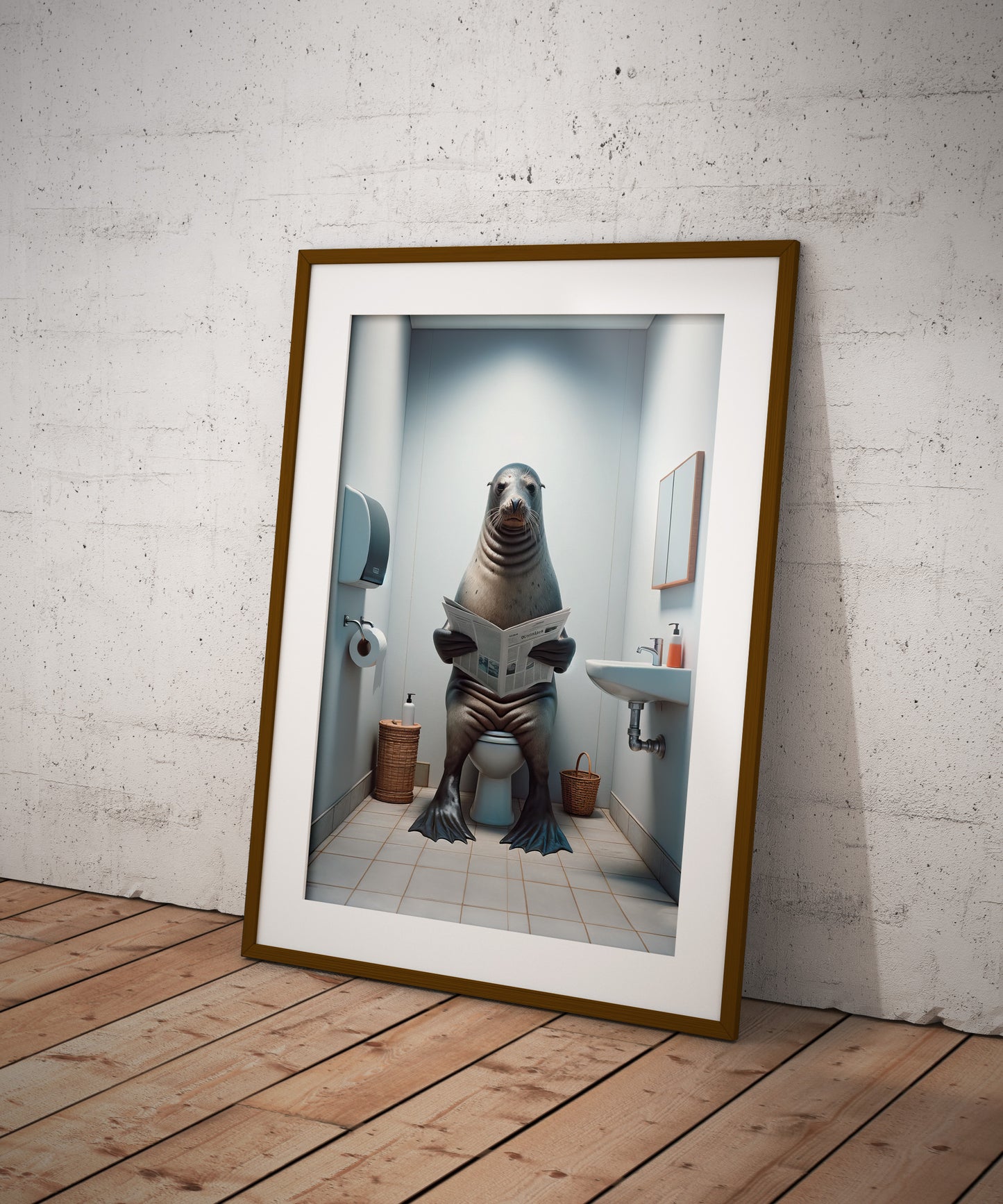 Funny Bathroom Wall Art Poster - Seal Reading Newspaper on Toilet | Unique WC Decor | Humorous Gift Idea