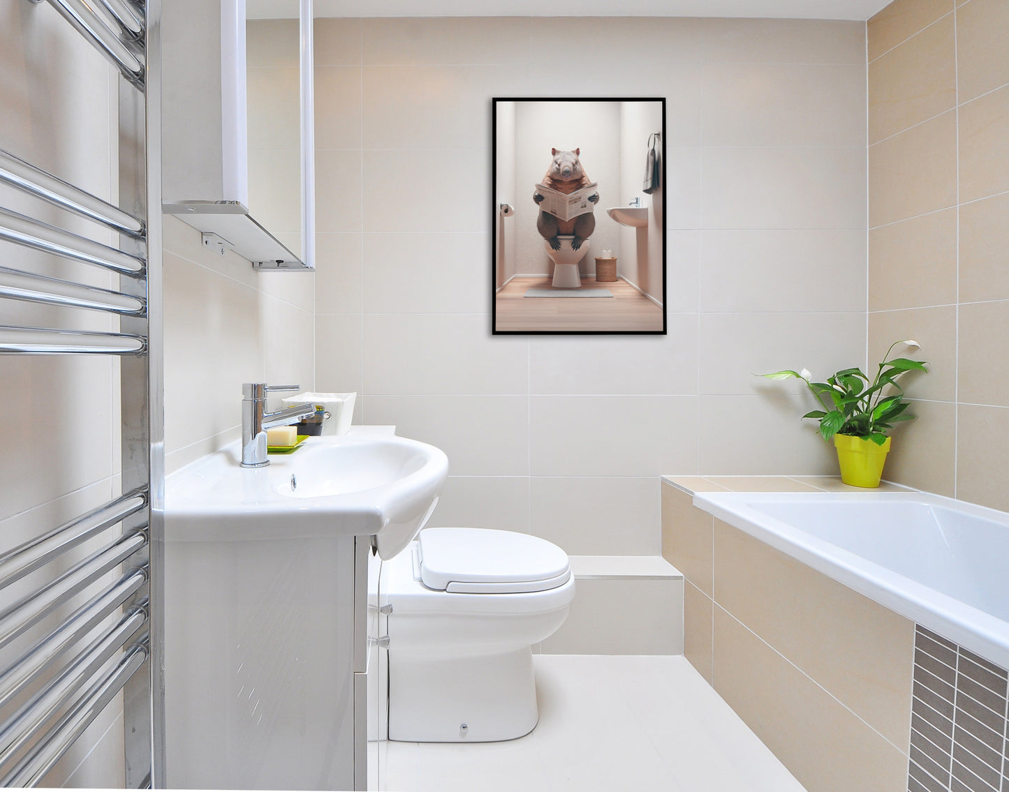 Wombat Reading Newspaper Toilet Poster - Unique Funny Bathroom Wall Art & Gag Gift Decor for WC