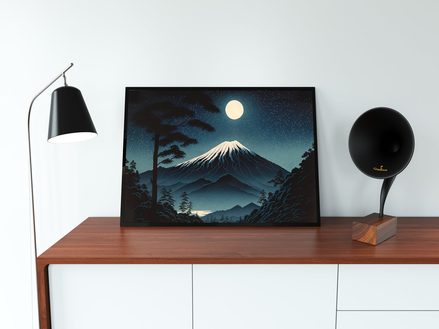 Mount Fuji Poster Under Full Moon - Japanese Art Style Illustration, Fujisan Landscape Wall Decor, Frameable Artwork