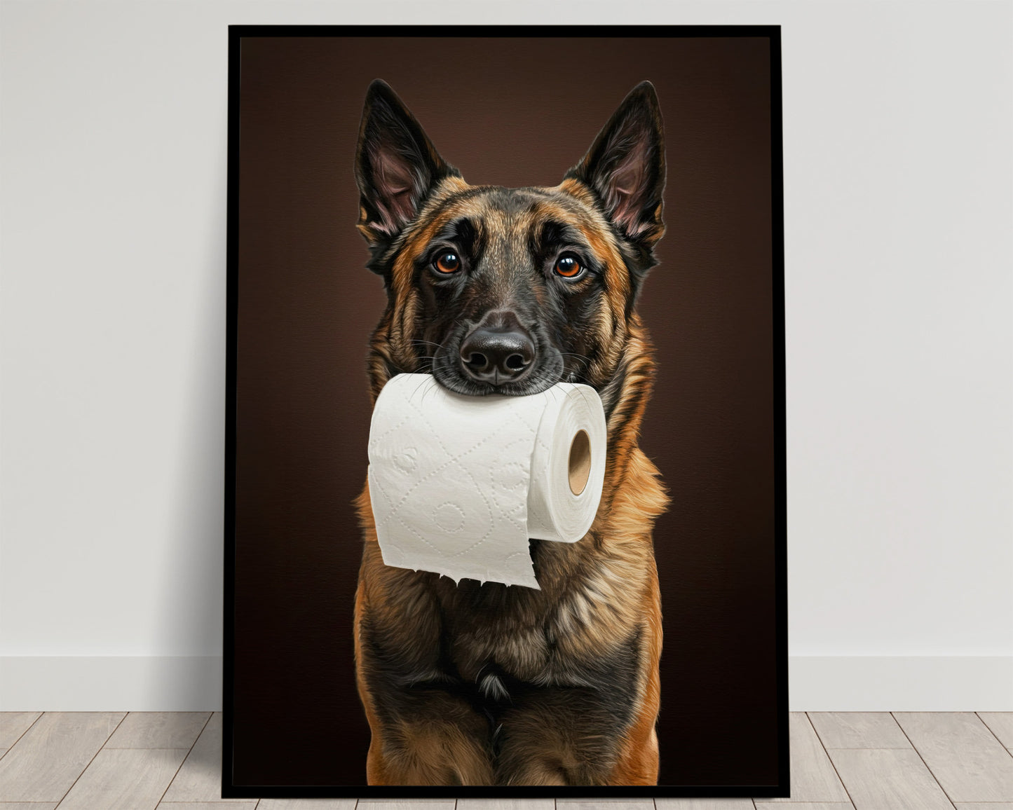 Malinois mordant un rouleau de papier toilette, Humour Toilettes, Poster WC, Cadeau Malinois, Affiche encadrée, Poster chien