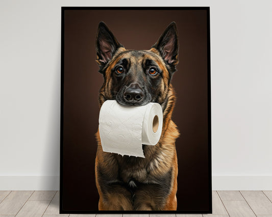 Poster Malinois drôle pour toilettes – Affiche encadrée chien, déco WC originale, idée cadeau humour chien, art mural moderne