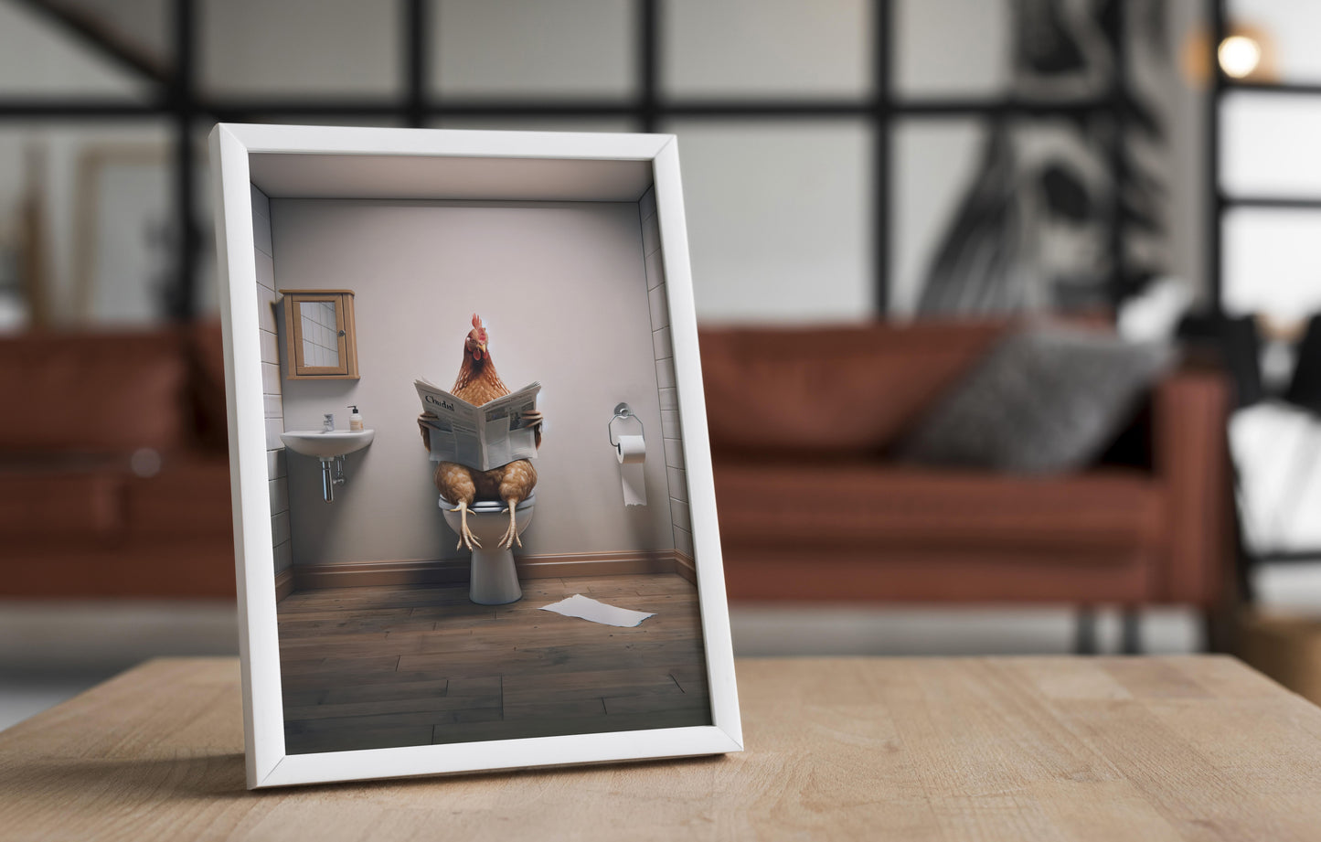 Poster Humoristique Poulet Lisant Journal, Décoration WC, Cadre Salle de Bain, Idée Cadeau Amusant