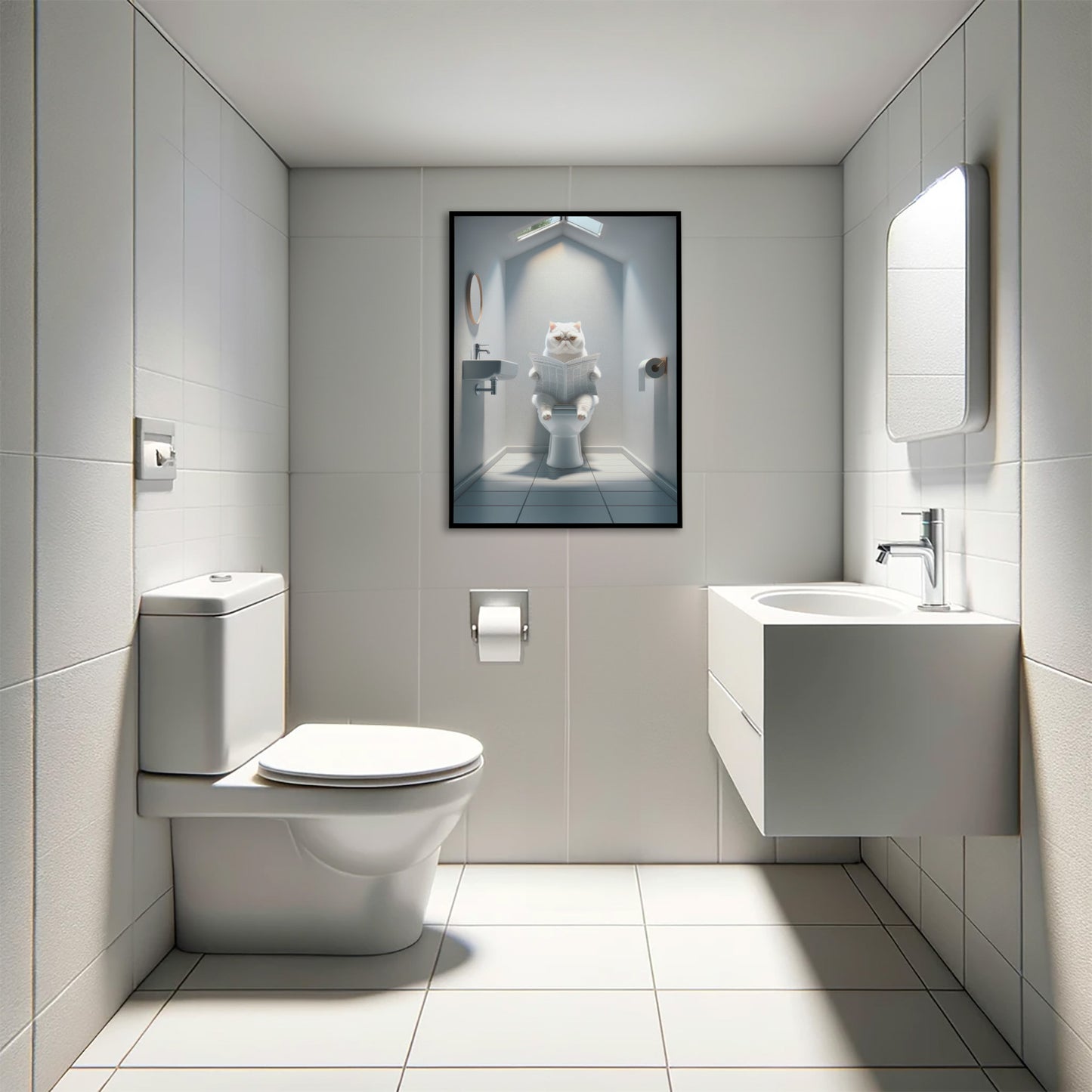 Affiche Murale Humour: Chat Exotic Shorthair Blanc Lisant Toilettes - Déco WC & Salle de Bain - Cadeau Fun Chat