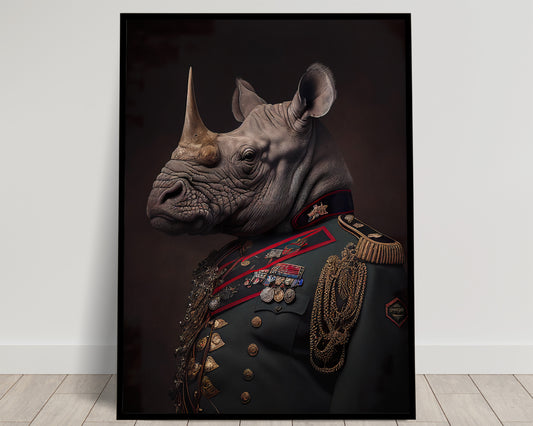 Rhino in Military Uniform Poster - Unique Animal Wall Art for Decoration, Rhinoceros Wall Poster for Framing