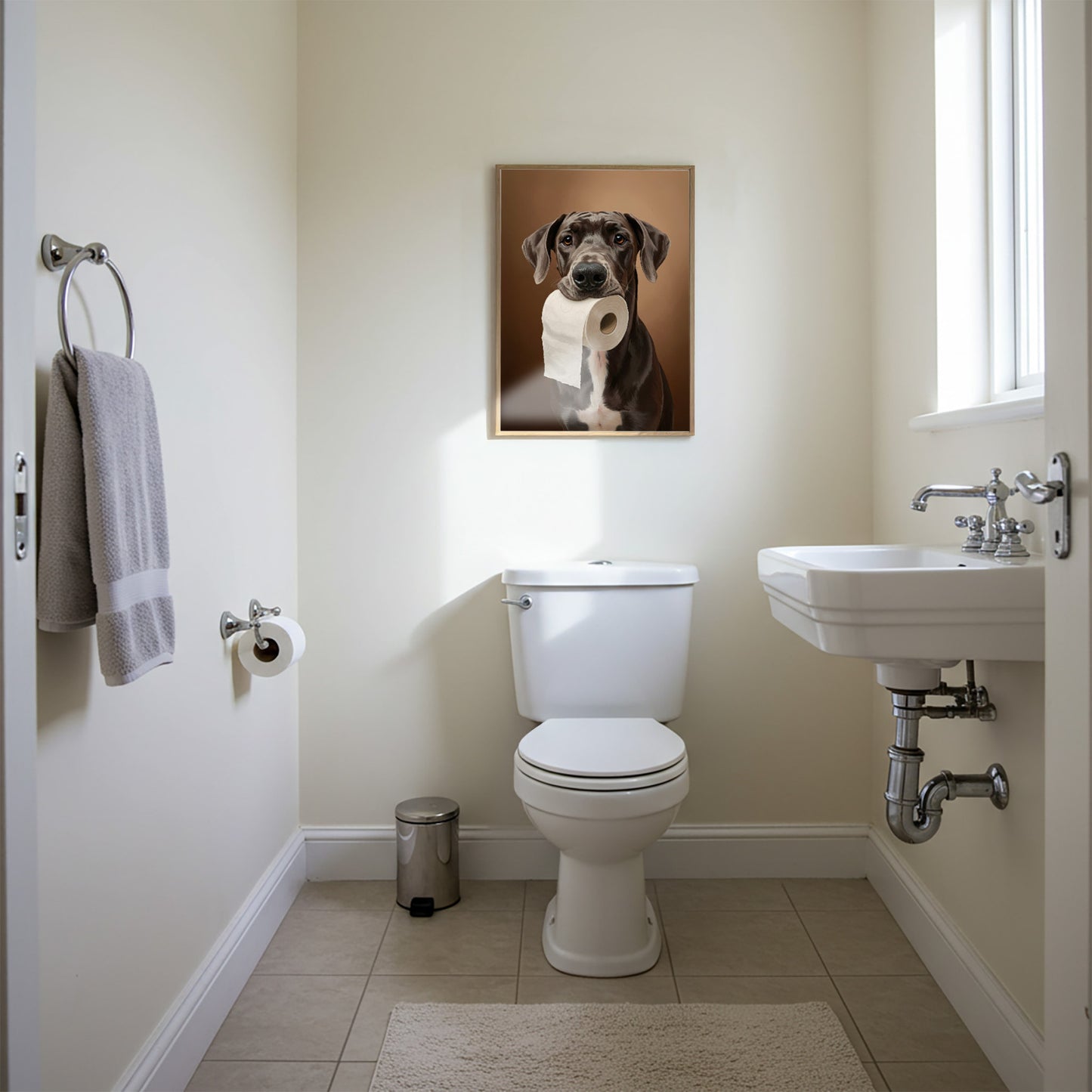 Dogue allemand mordant un rouleau de papier toilette, Humour Toilettes, Poster WC, Cadeau Grand danois, Affiche encadrée, Poster chien