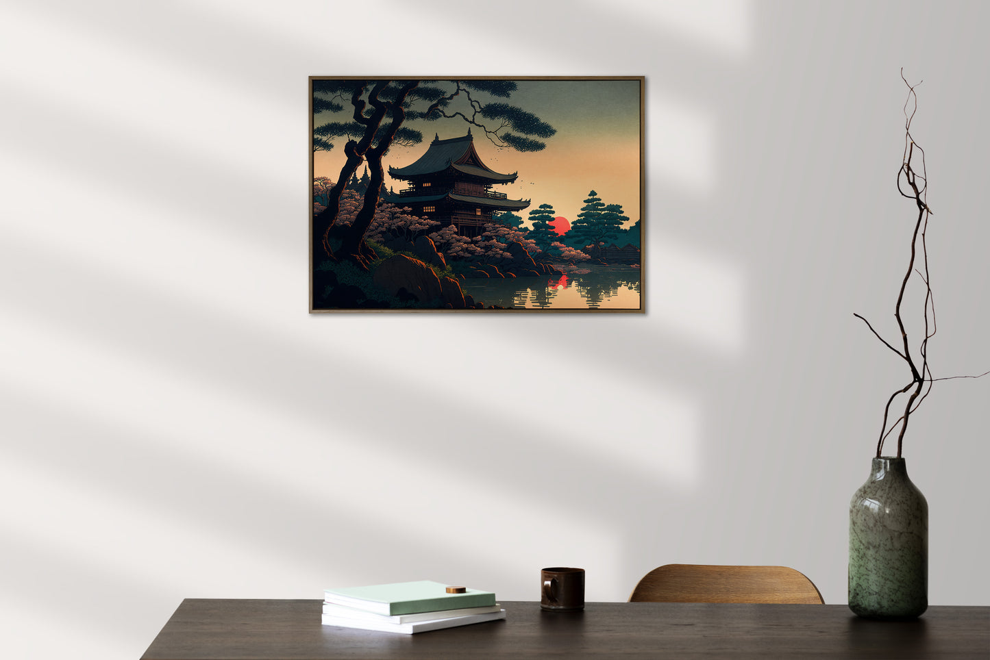 Japanese Temple Wall Poster, Art Style Illustration, Lake Landscape Decor, Frameable Wall Art