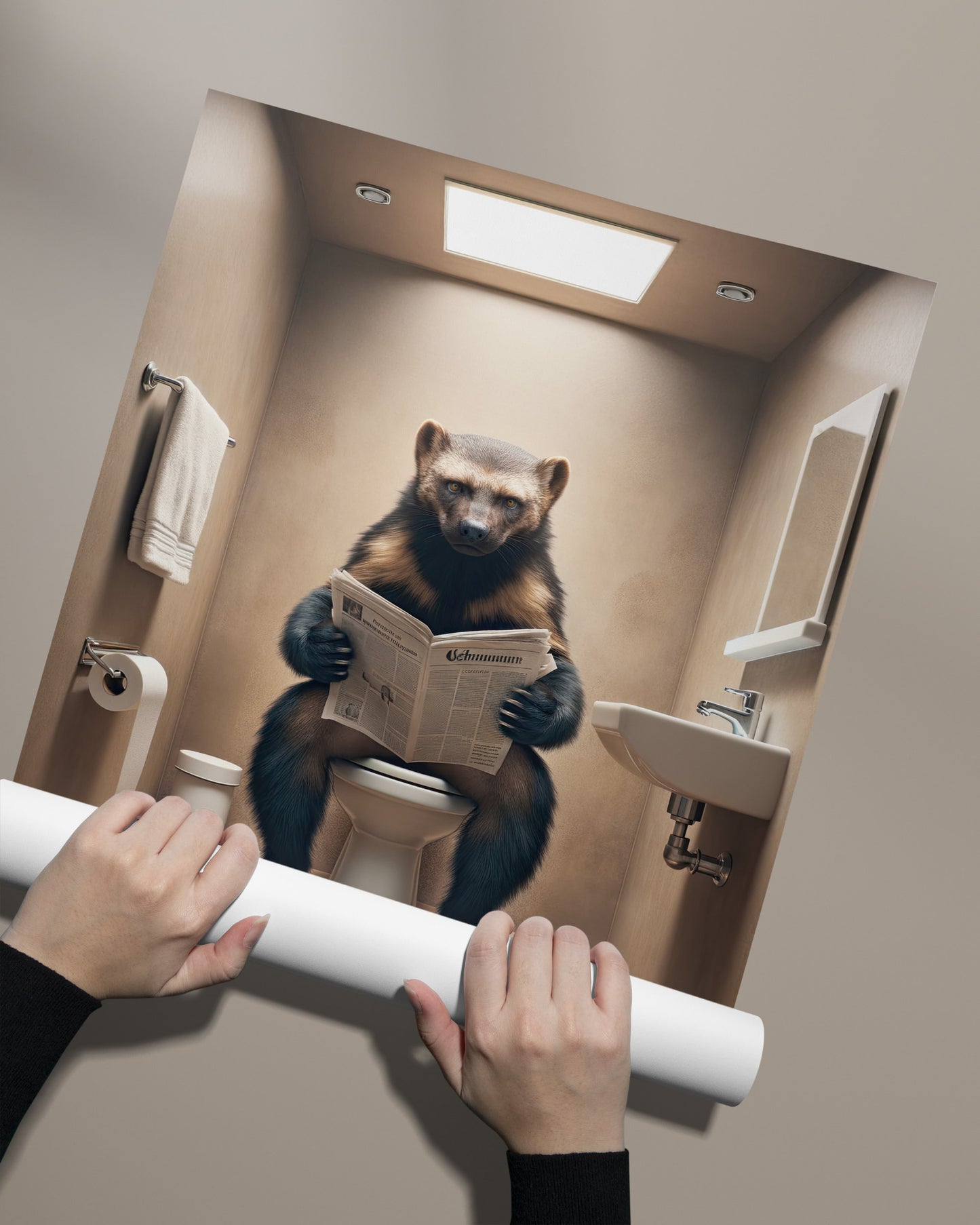 Poster Humour : Glouton lisant le journal sur WC, Décoration Salle de Bain, Cadre Déco Toilette, Idée Cadeau Originale