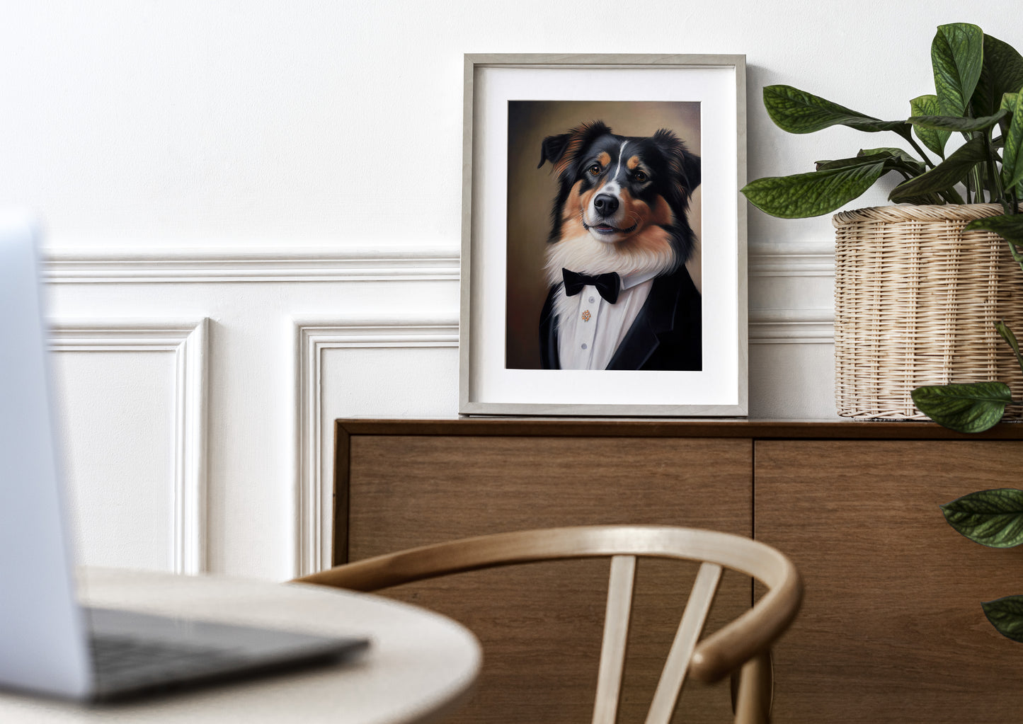 Poster Chien Chic - Portrait Berger Australien en Smoking, Tableau Humour, Décoration Murale