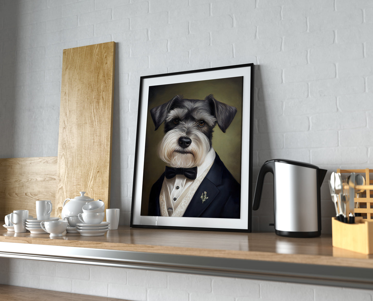 Chic Schnauzer in Tuxedo Poster - Humorous Wall Art Print for Dog Lovers, Elegant Home Decor