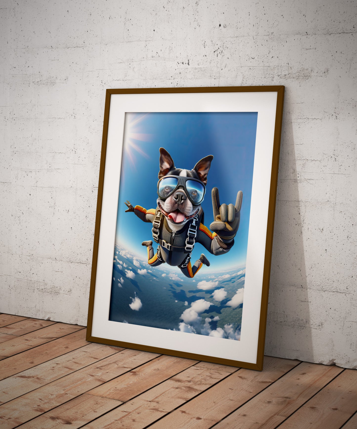 Affiche murale Boston Terrier en chute libre, Poster Saut en Parachute Chien, Déco Sport Extrême, Idée cadeau unique
