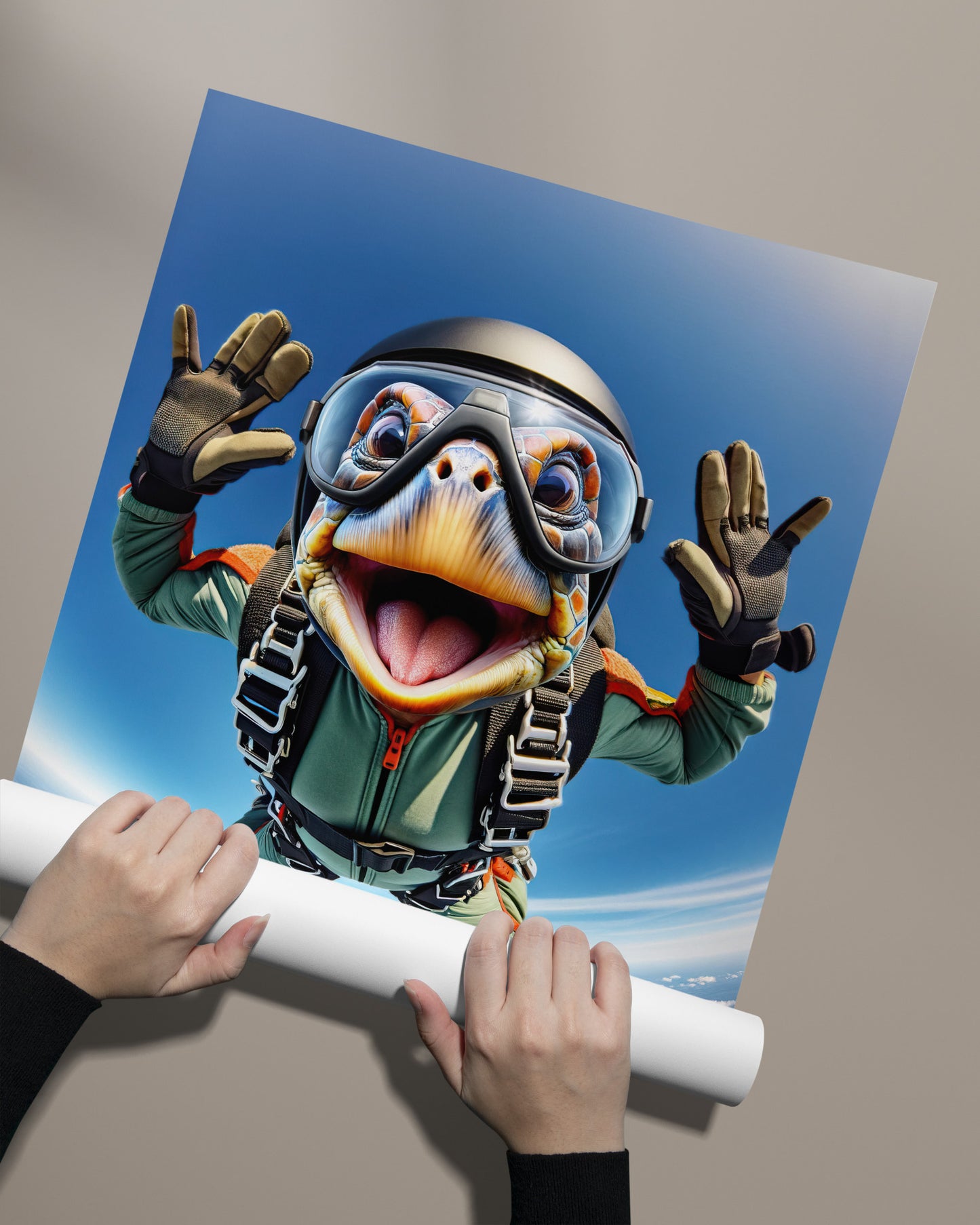 Affiche Tortue Saut en Parachute - Poster Animal Skydiving - Décor Murale Sport Extrême - Idée Cadeau Originale