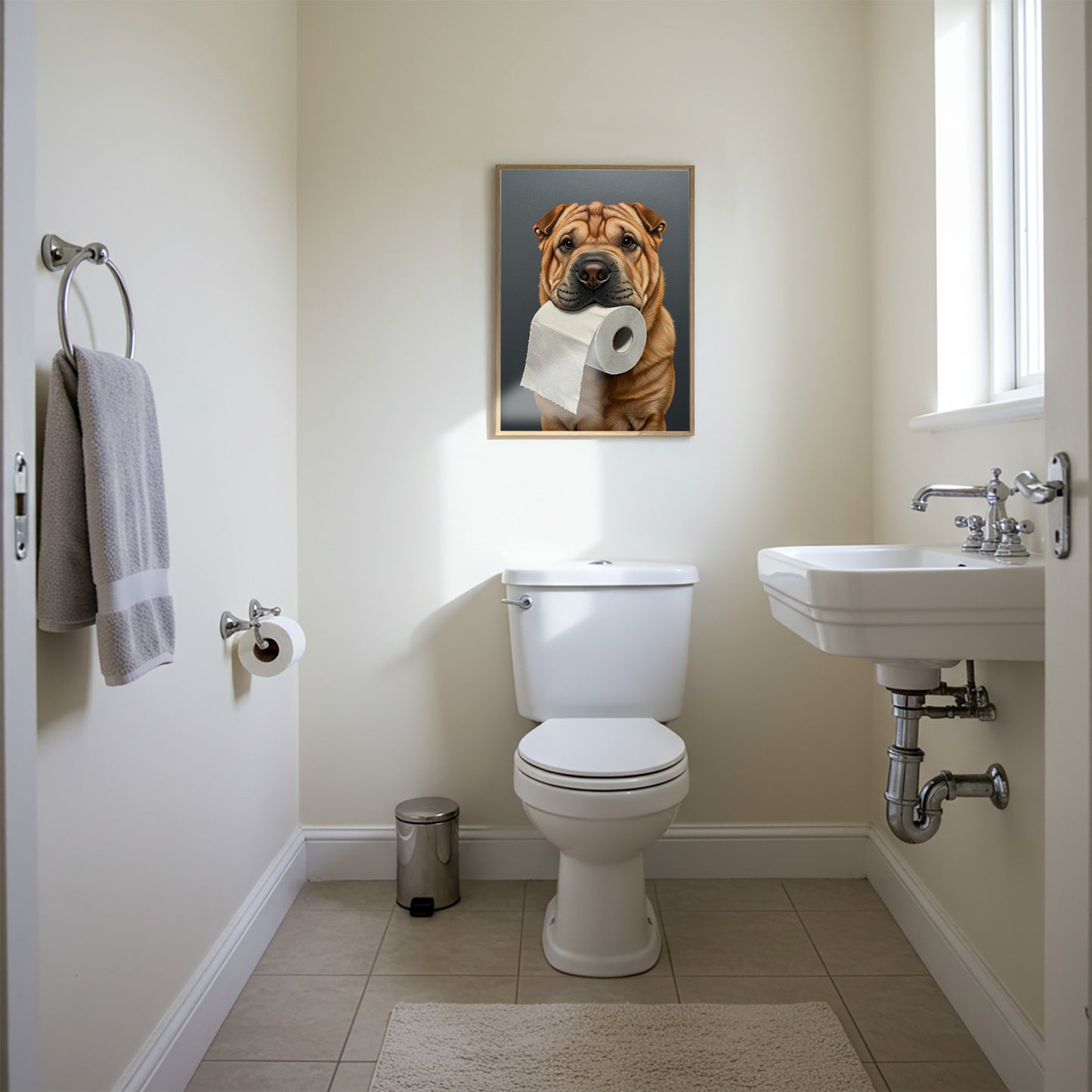 Shar Pei with toilet paper roll in mouth, Toilet Humor, Shar Pei Gifts, Bathroom Print, Dog Lover Gift, WC Wall Art, Framed Print
