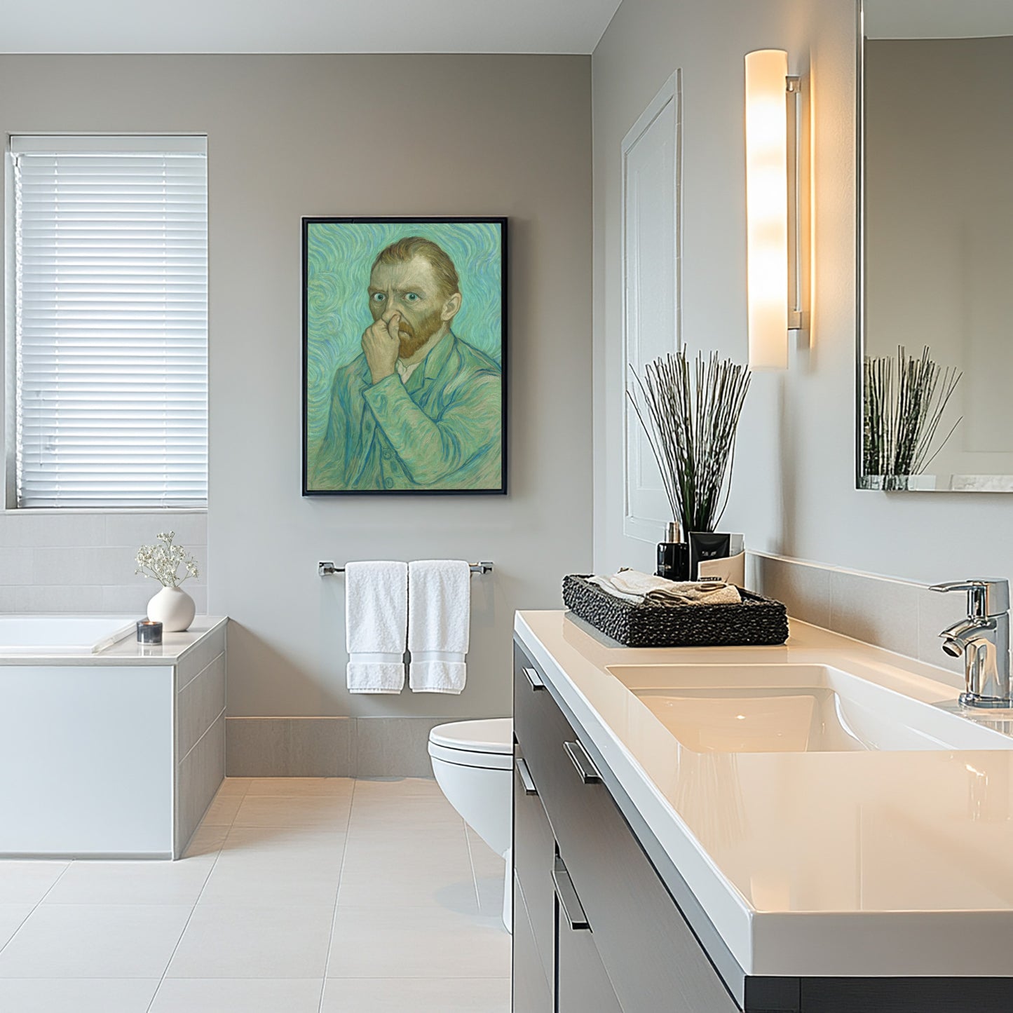 Funny Van Gogh Bathroom Poster – Toilet Humor Wall Art, Quirky Restroom Decor, Parody Framed Print, Unique Gift for Home