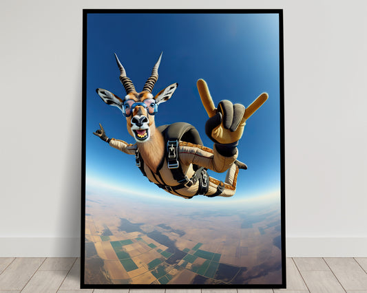Epic Skydiving Antelope Poster - Extreme Sport Animal Print Wall Art - Fun Decor for Animal Lovers