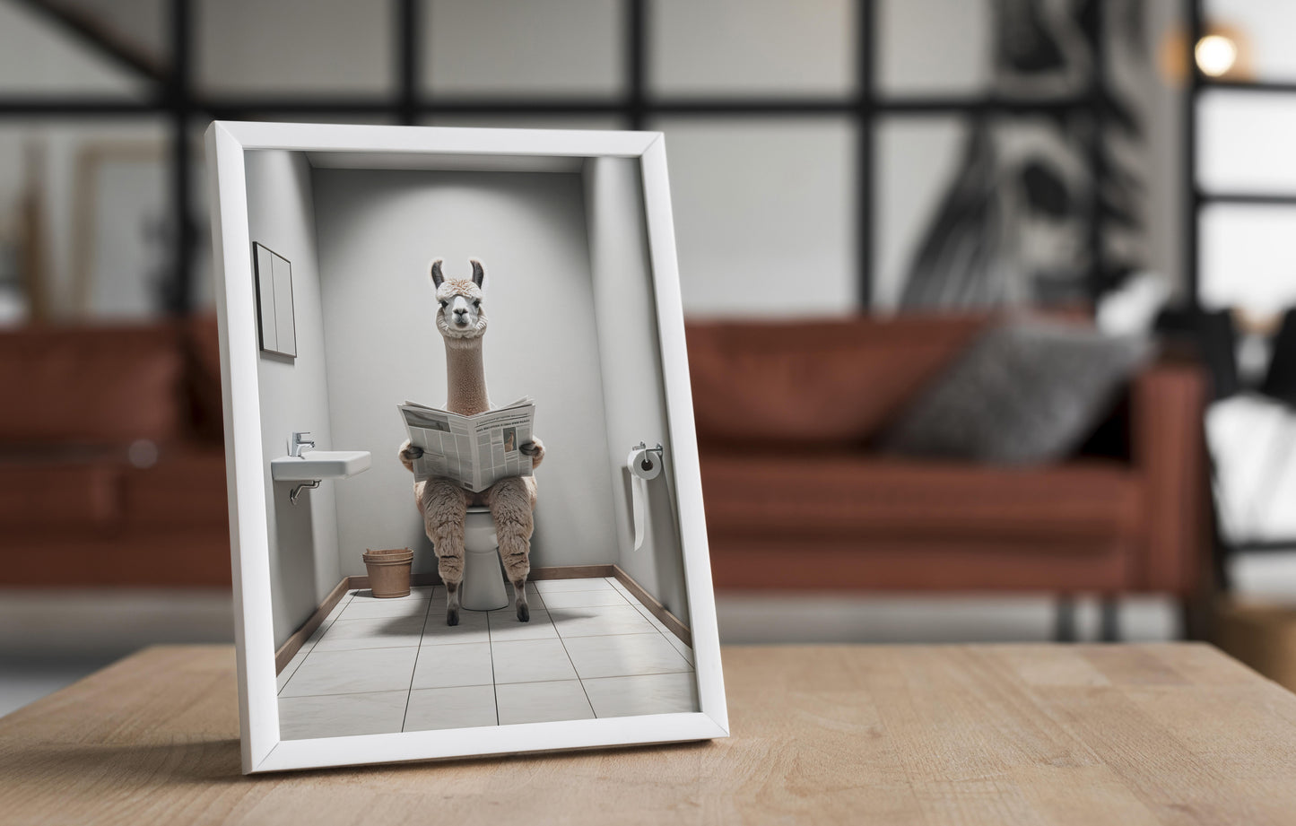 Funny Alpaca on Toilet Reading Newspaper Poster - Unique Bathroom Wall Art Decor - Humorous WC Gift