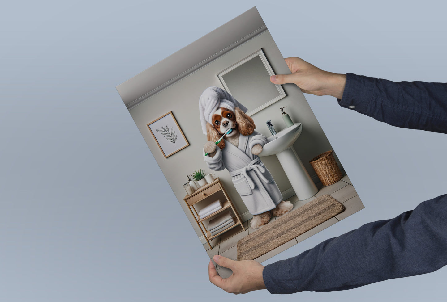 Portrait of a Cavalier King Charles Spaniel Brushing Teeth in Bathrobe – Funny Dog Bathroom Decor, Cute Poster, Gag Gift, Framed art