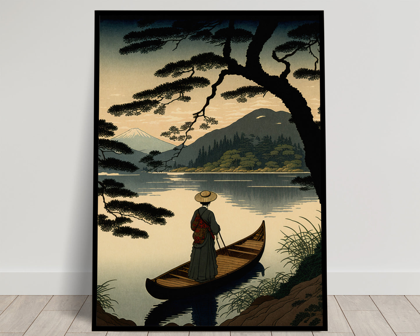 Japanese Lake Poster - Ukiyo-e Style Boat Ride Illustration, Traditional Japanese Art Print for Wall Decor