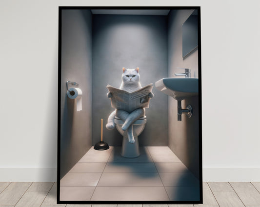 "Funny Bathroom Wall Art: White British Shorthair Cat Poster – Unique WC Toilet Decor & Gag Gift"