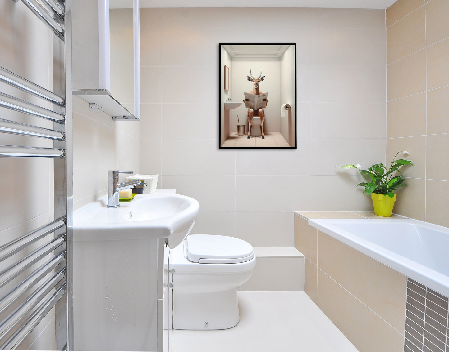 Poster Humour : Antilope lisant le journal, Décoration Fun Salle de Bain, Art Mural WC, Idée Cadeau Originale
