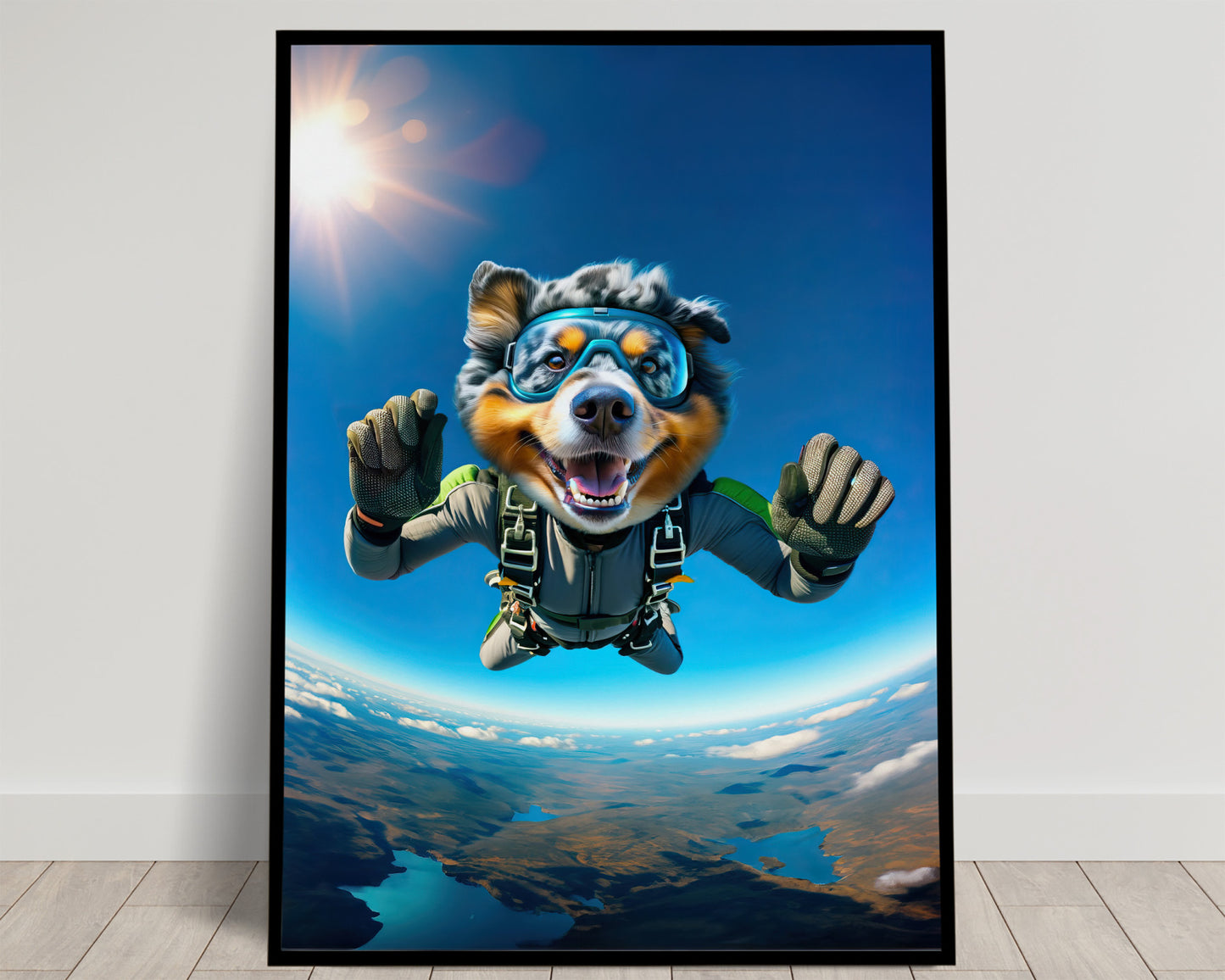 Australian Shepherd Skydiving Poster - Epic Animal Wall Art, Free Fall Dog Print, Extreme Sport Decor, Unique Dog Lover Gift