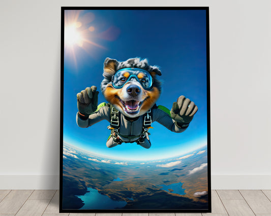 Australian Shepherd Skydiving Poster - Epic Animal Wall Art, Free Fall Dog Print, Extreme Sport Decor, Unique Dog Lover Gift