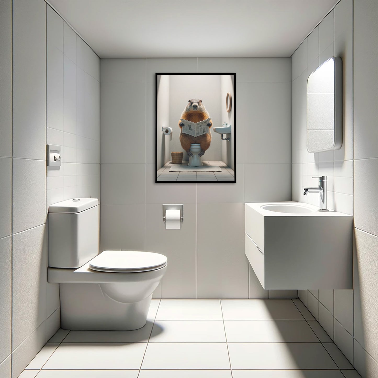 Groundhog Reading Newspaper Poster - Funny Bathroom Wall Art Decor, Unique Gag Gift for Toilet or WC