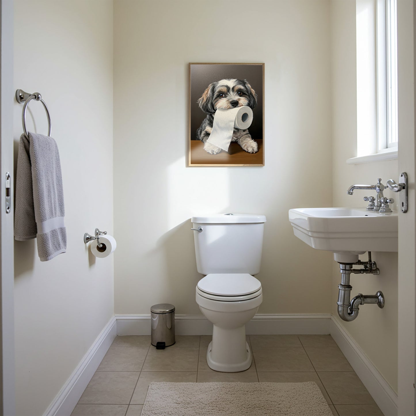 Bichon havanais mordant un rouleau de papier toilette, Humour Toilettes, Poster WC, Cadeau Bichon havanais, Affiche encadrée, Poster chien