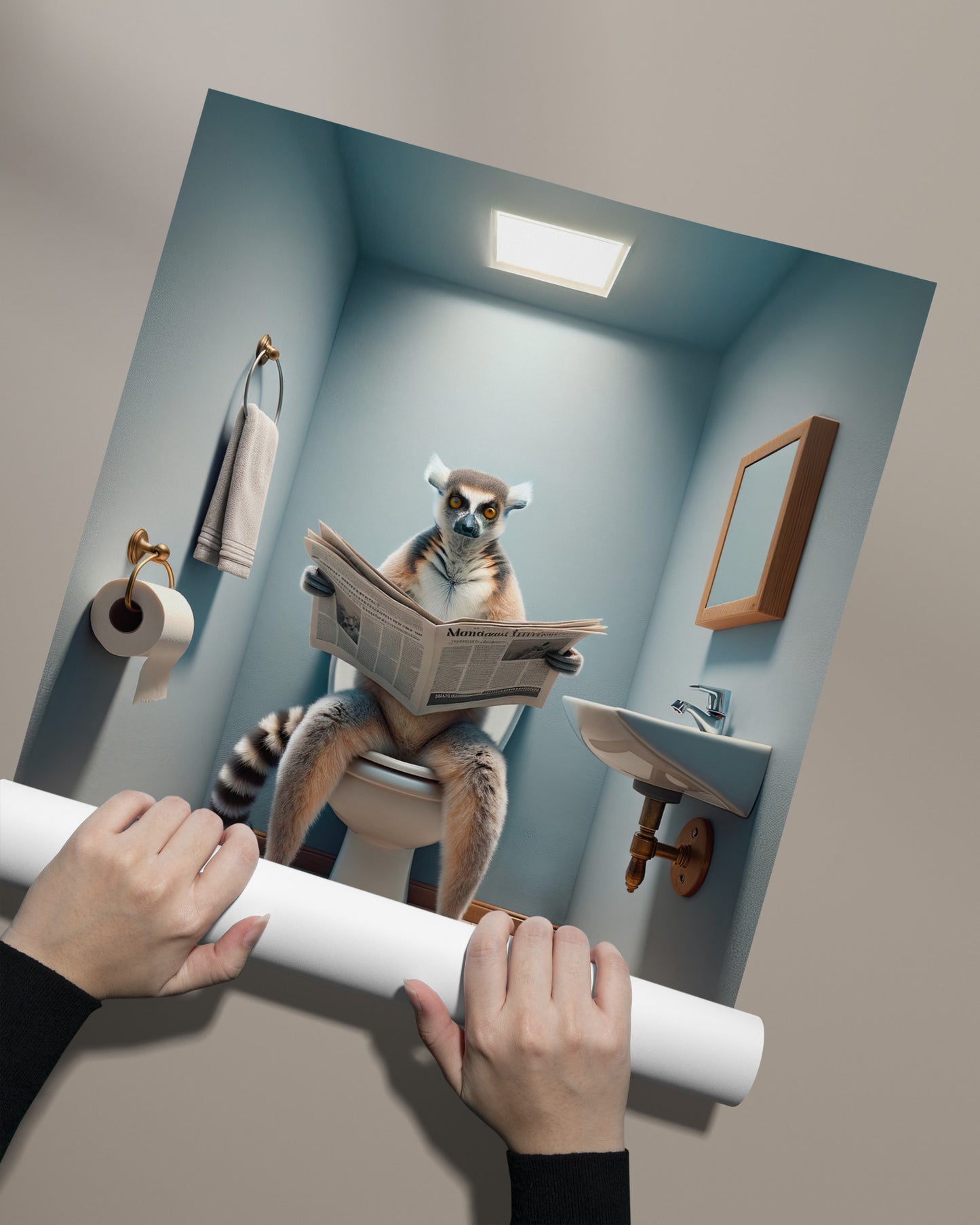 Poster Humour Lémurien sur Toilettes - Décoration Salle de Bain, Cadeau Amusant, Art Mural WC, Idée Déco Originale