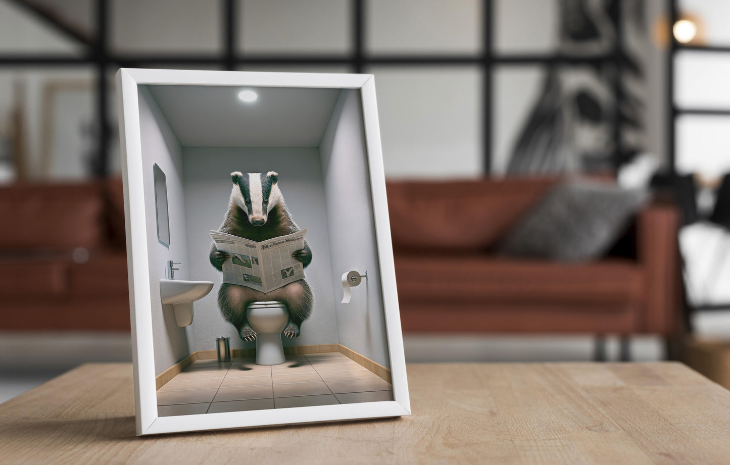 Funny Bathroom Decor Poster - Badger Reading Newspaper on Toilet | WC Wall Art | Unique Gag Gift for Bathroom Spaces