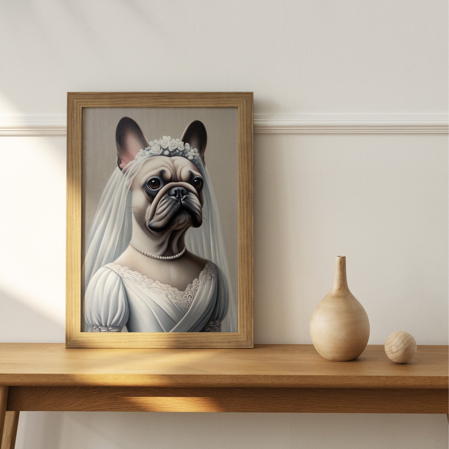 Affiche Bouledogue Français en Mariée - Poster Chien Humour Décoration Murale Animaux Mariage