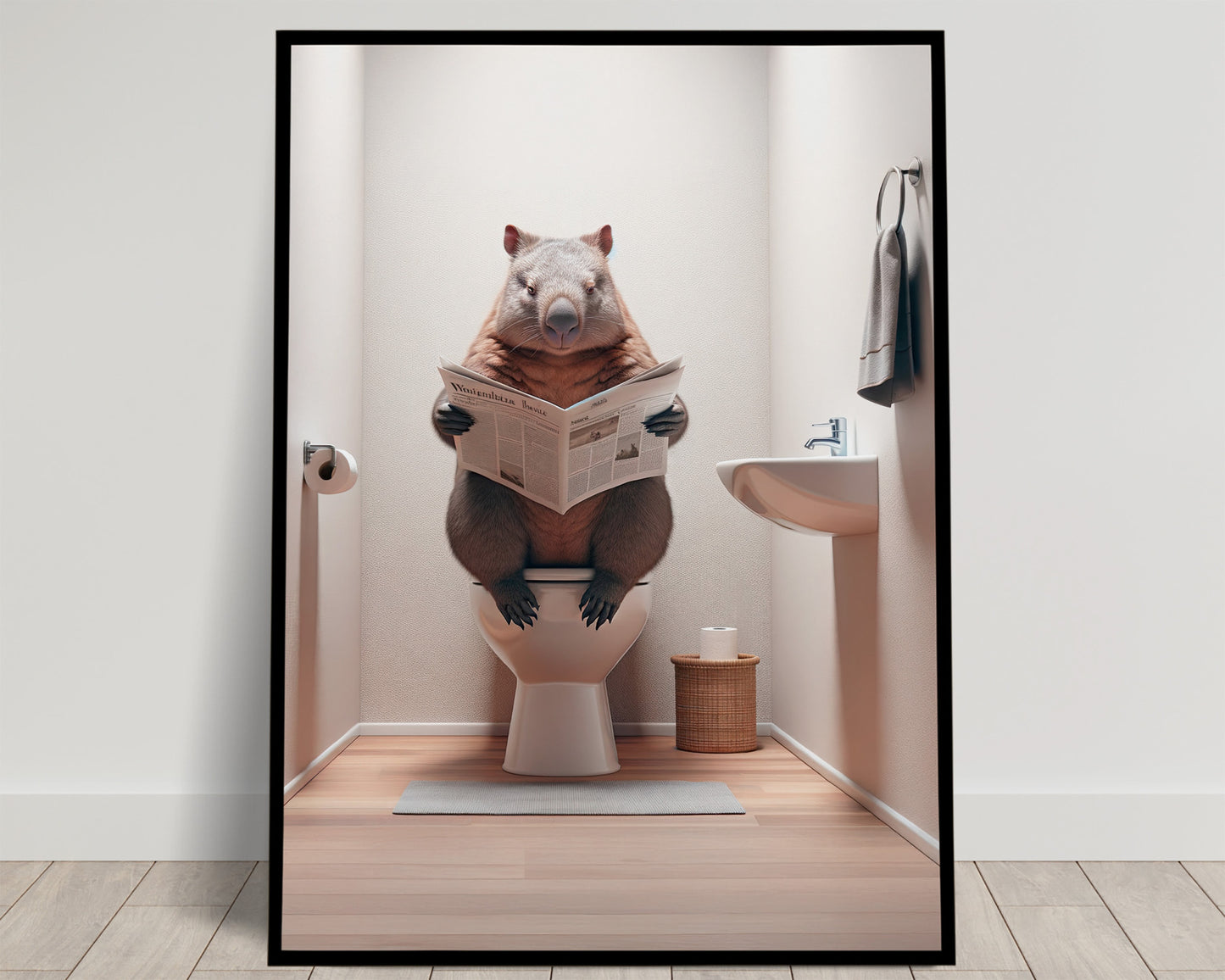 Wombat Reading Newspaper Toilet Poster - Unique Funny Bathroom Wall Art & Gag Gift Decor for WC