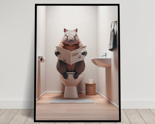 Wombat Reading Newspaper Toilet Poster - Unique Funny Bathroom Wall Art & Gag Gift Decor for WC