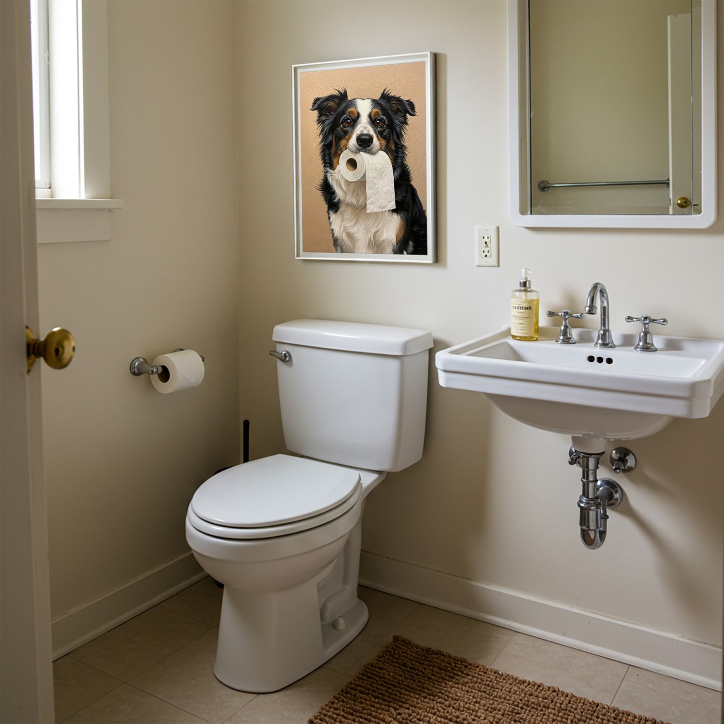 Border Collie with toilet paper roll in mouth, Toilet Humor, Border Gifts, Bathroom Print, Dog Lover Gift, WC Wall Art, Framed Print