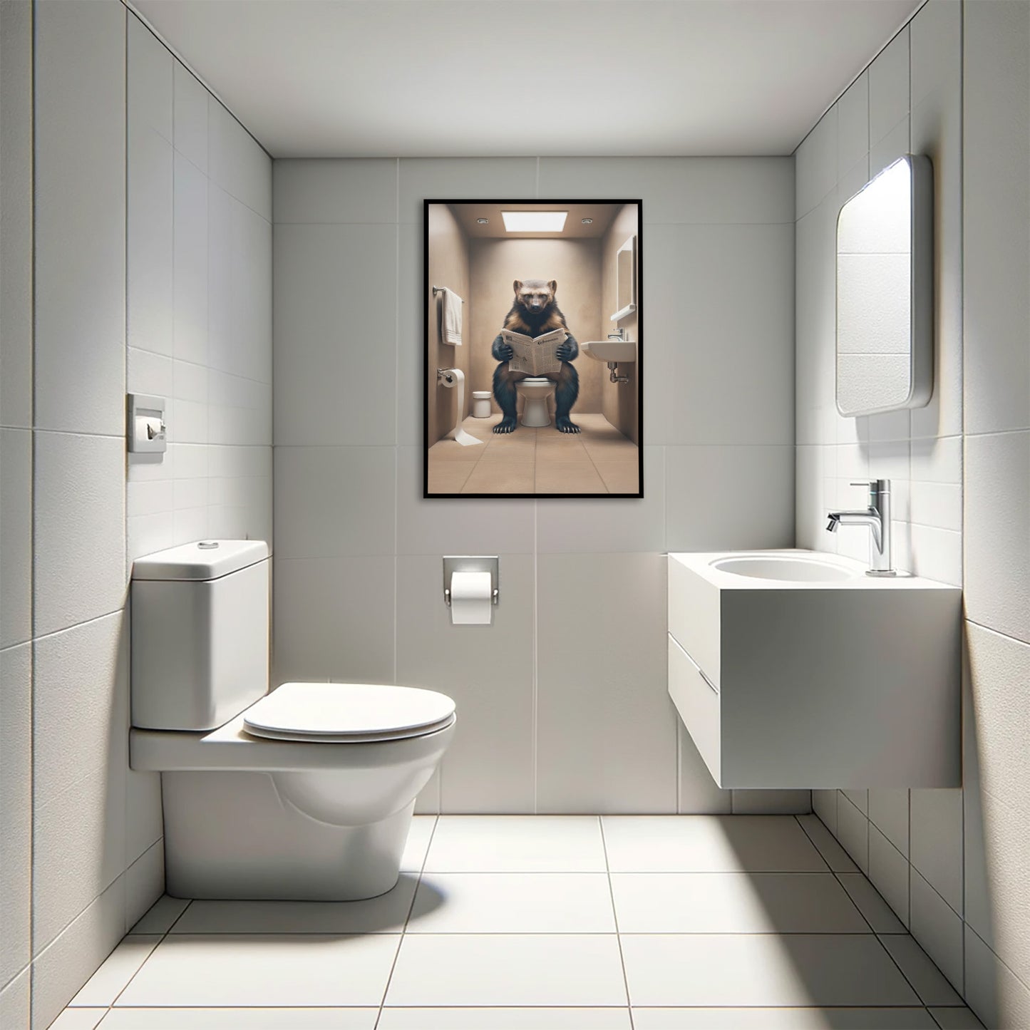 Poster Humour : Glouton lisant le journal sur WC, Décoration Salle de Bain, Cadre Déco Toilette, Idée Cadeau Originale